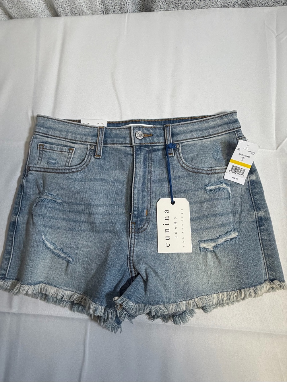 eunina Light Blue Frayed Hem Distressed Denim Shorts